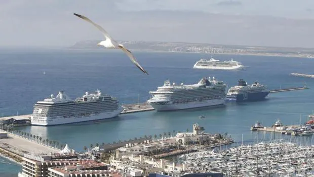 Los cuatro barcos de cruceros en el puerto de Alicante, este jueves