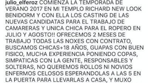 Una discoteca de Benidorm busca camareras «guapas» y «con buen físico» pero sin «novios celosos»