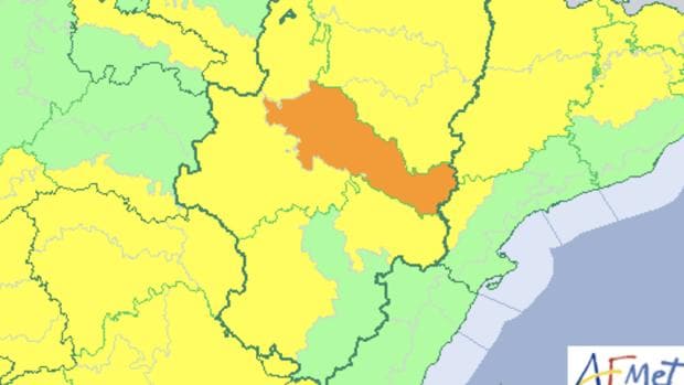 Mapa previsto por la Aemet para este miércoles: alerta amarilla por calor en casi todo Aragón, y roja en Zaragoza capital y el resto del valle del Ebro