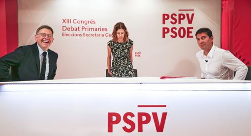 Ximo Puig y Rafa García, en la sede del PSPV durante el debate con Noa de la Torre como moderadora