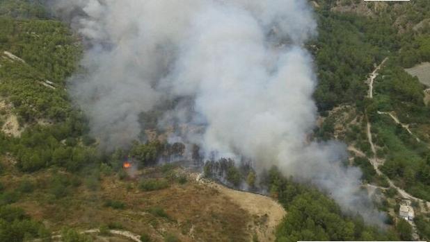 Nueve medios aéreos luchan contra un incendio forestal en Castell de Guadalest