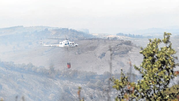 Un helioptero trabajando ayer sobre el terreno en Zamora