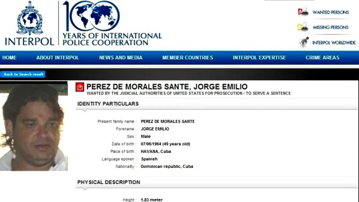Ficha de Interpol de Jorge Emilio Pérez de Morales Sante