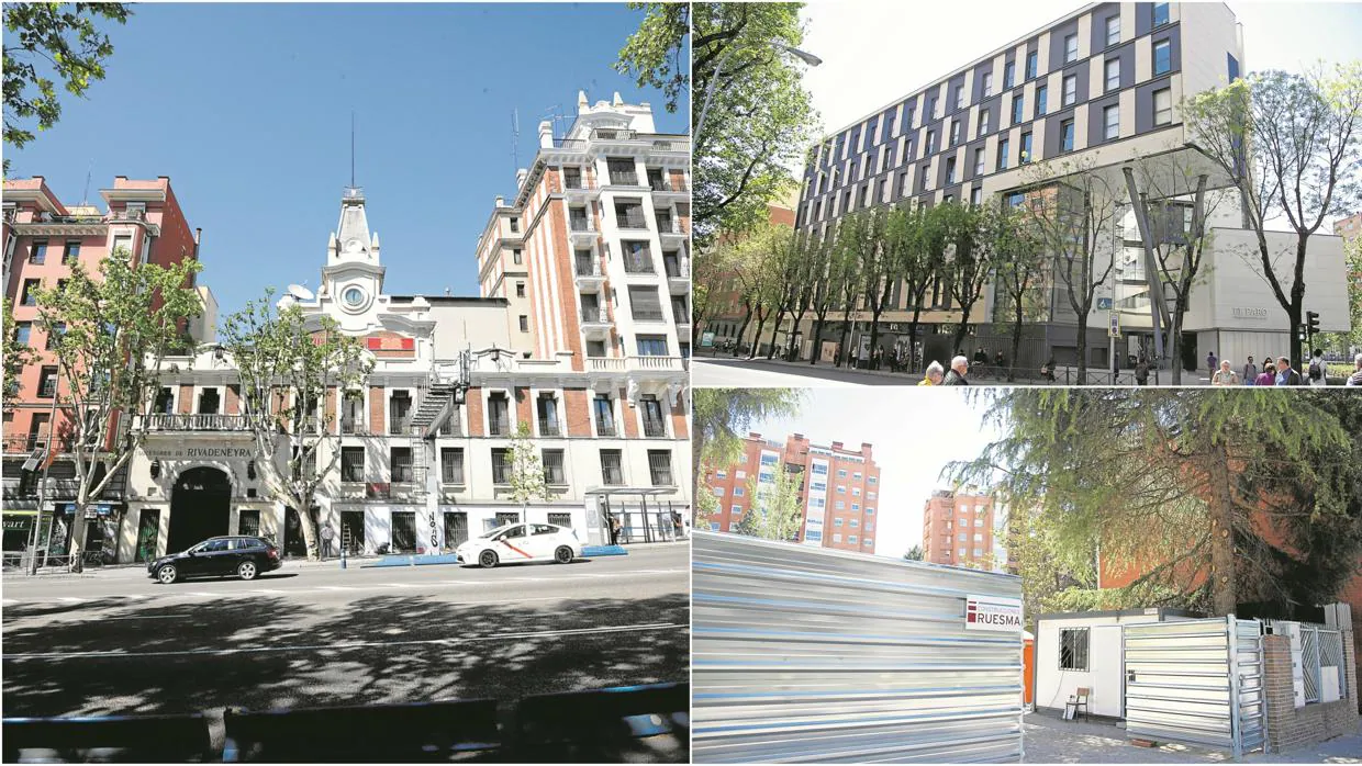 Izquierda: Edificio La Imprenta. Arriba derecha: El Faro. Abajo derecha: ColegioHispano-Mexicano