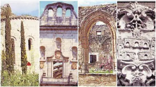 Elementos del monasterio: la cabecera románica, la espadaña y la fachada barroca, el claustro gótico y el escudo del Císter