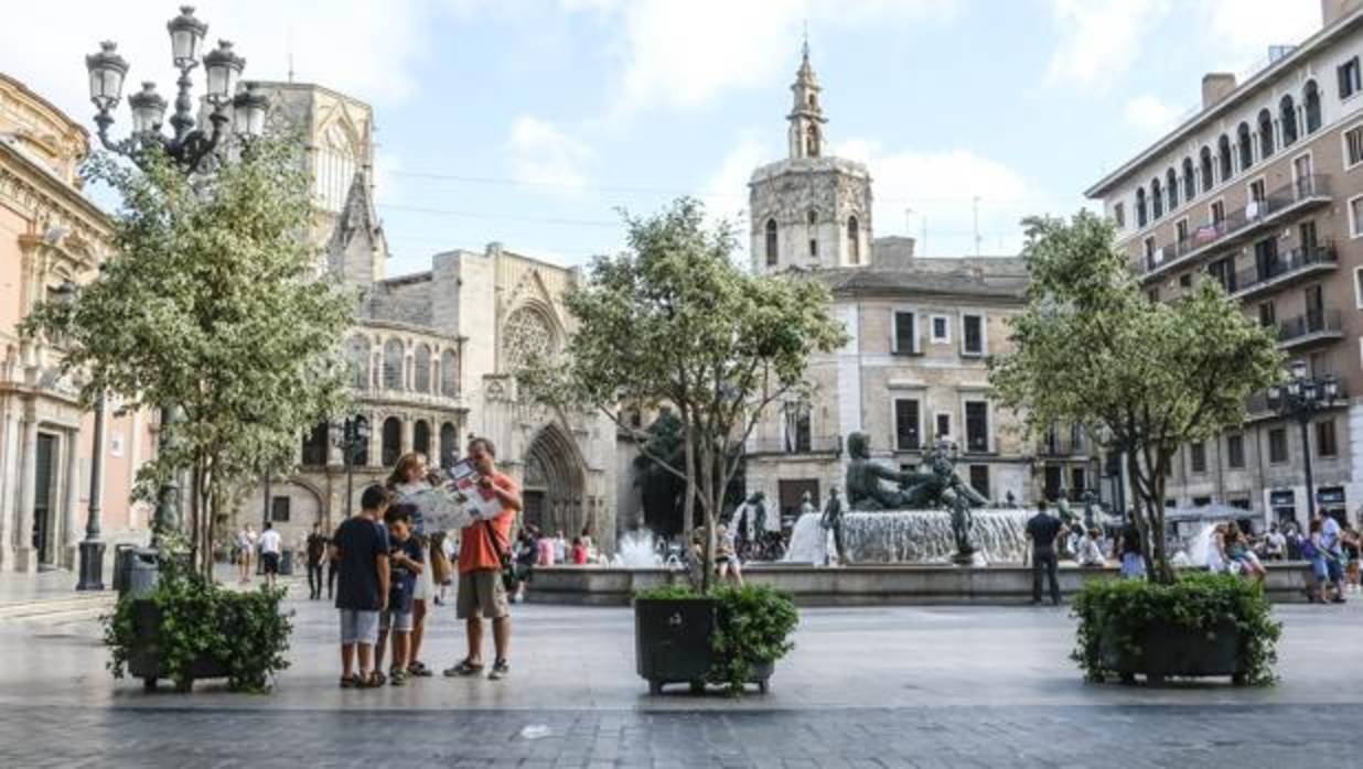 Imagen de los maceteros instalados en la Plaza de la Virgen de los Desamparados de Valencia