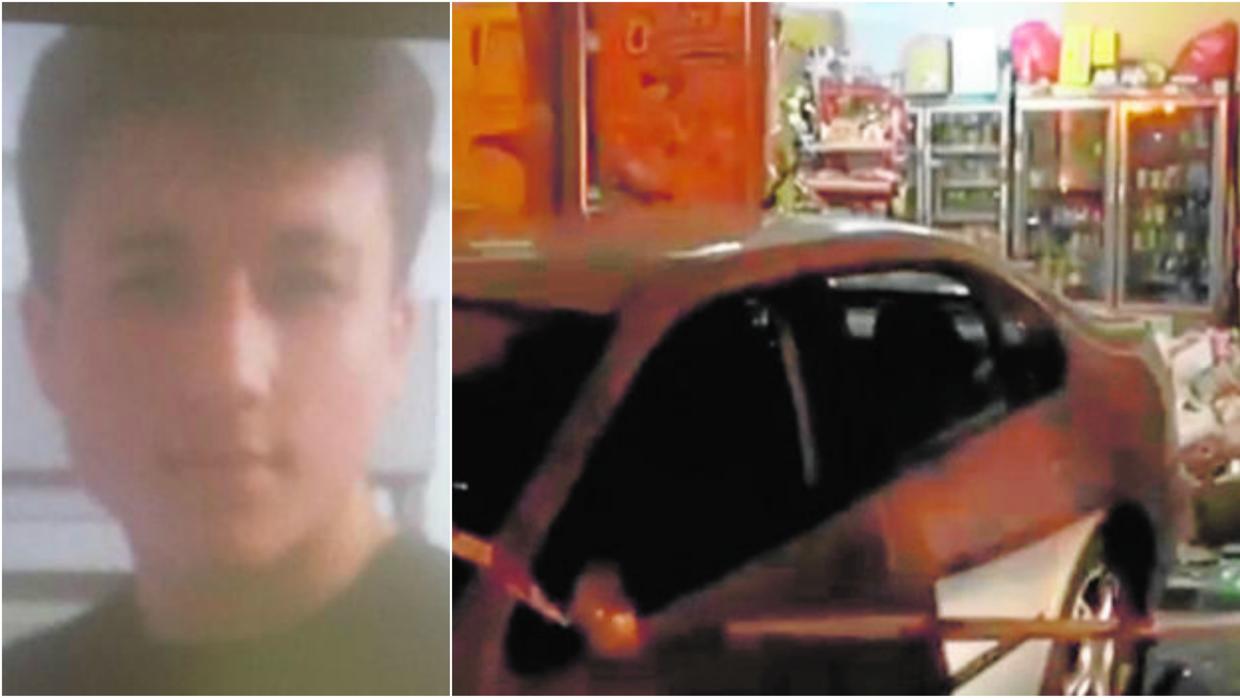 A la izquierda, Aarón, el joven que conducía el vehículo (derecha) que se estrelló contra la tienda de alimentación