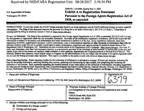 Registro del contrato de lobby con el «Government of Catalonia» entregado en el Departamento de Justicia de EE.UU.