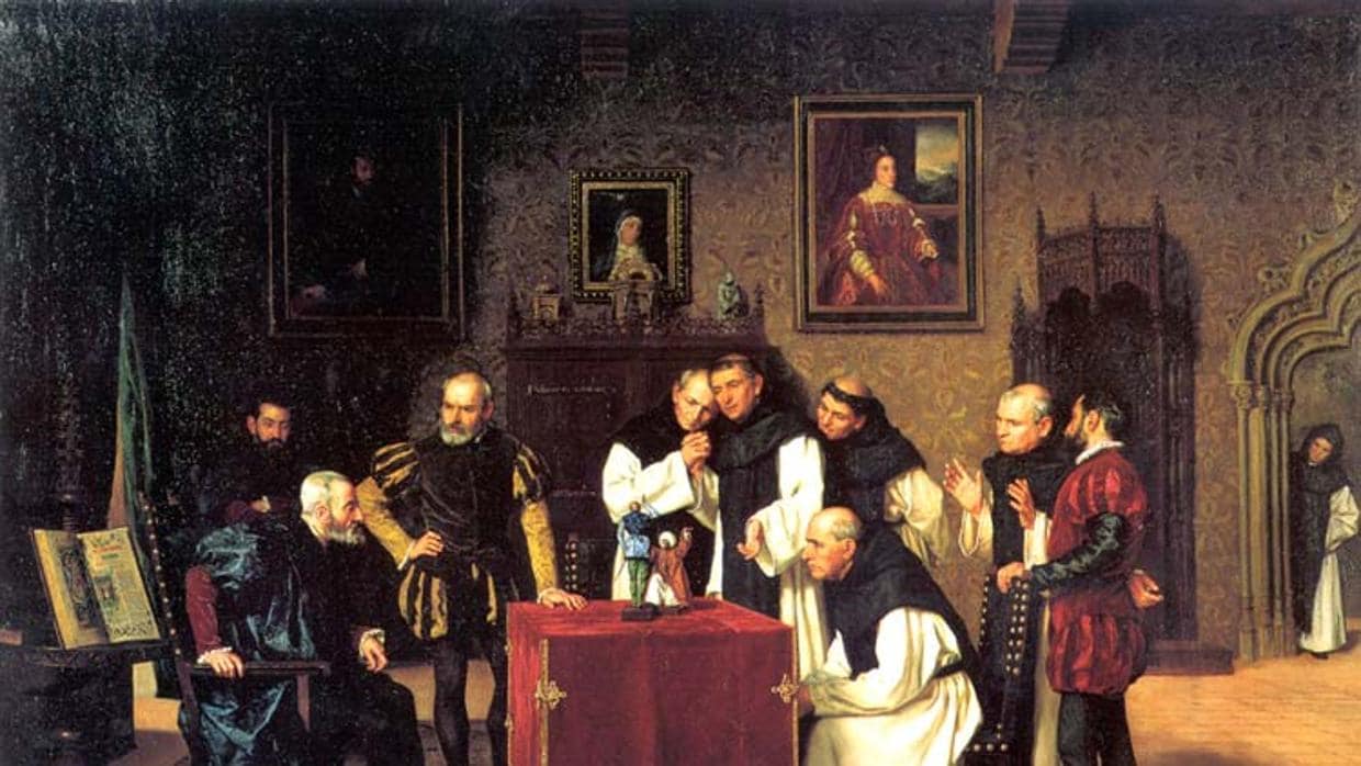 Carlos V en Yusta, junto a Juanelo Turriano, obra del pintor Manuel Jadraque