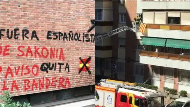 Pintada por sacar una bandera de España; a la derecha, el balcón apedreado por sacar una estelada