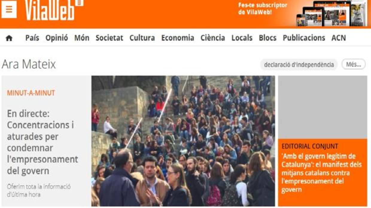 Captura de pantalla del diario «Vilaweb» con la referencia al editorial conjunto