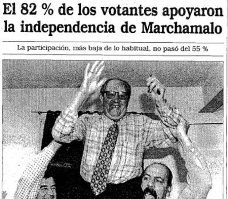 El periódico «El Decano de Guadalajara» sacó en portada a Fernando Olalla, el artífice de la independencia de Marchamalo, tras la victoria del «sí» en el referéndum que hubo en 1996