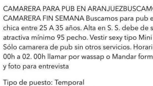 «Sexy, atractiva, mínimo 95 de pecho»: denuncian sexismo en un pub de Aranjuez que busca camarera