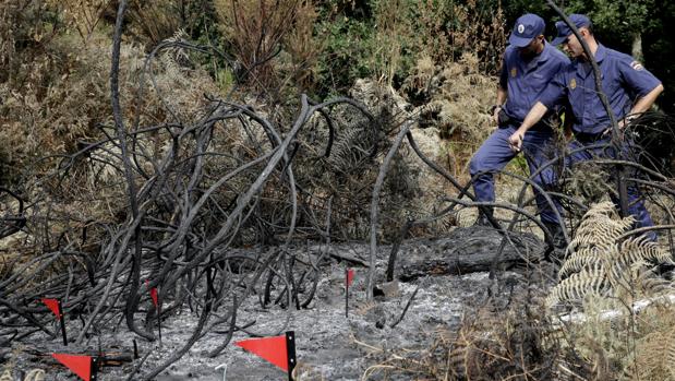 Dos agentes de policía examinan el terreno calcinado por un incendio en Ames (La Coruña)