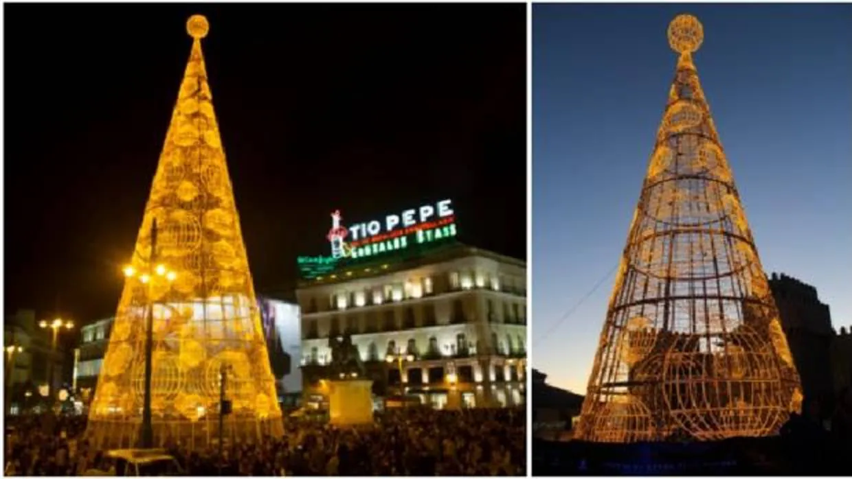 El árbol de Loterías en Sol (izq.) y en la plaza de Santa Teresa de Ávila