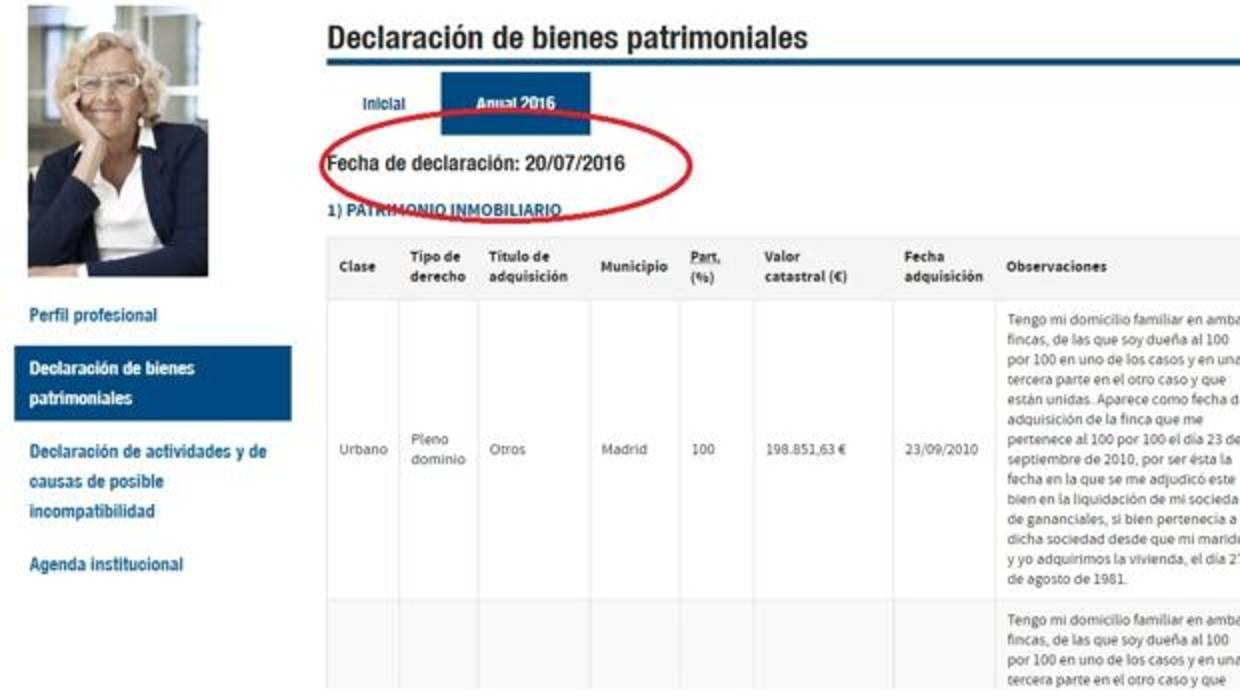 En la imagen, la declaración de bienes de la alcaldesa, a fecha 20 de juilio de 2016