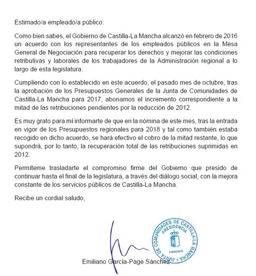 Carta enviada por García-Page a los funcionarios de la región