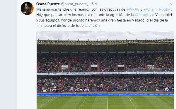 Puente tilda de «agresión» que la final de la Copa del Rey de rugby no vaya a celebrarse en Valladolid