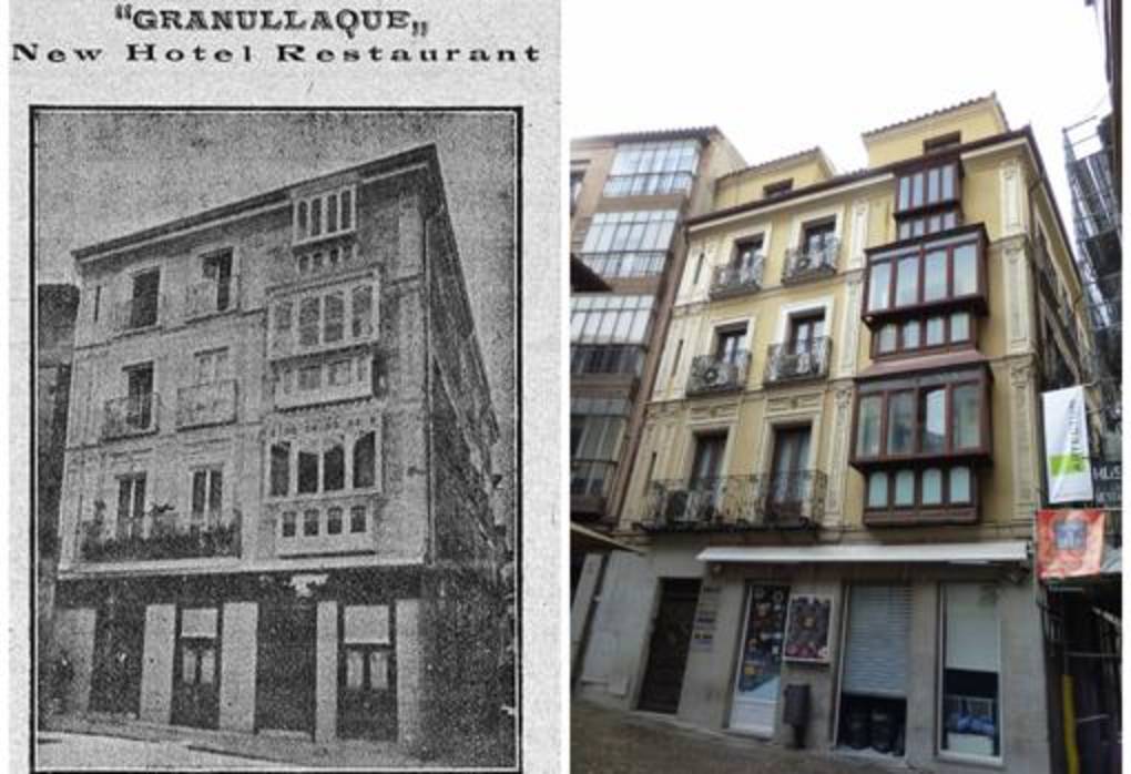 Edificio levantado en 1912 para el Hotel Granullaque y aspecto en 2017. Fotos revista Zeta y Rafael del Cerro