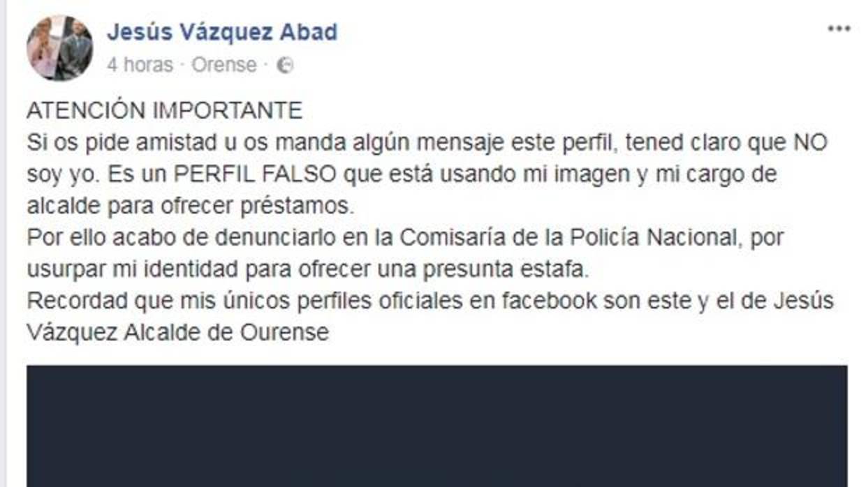 Aviso del alcalde en su red social