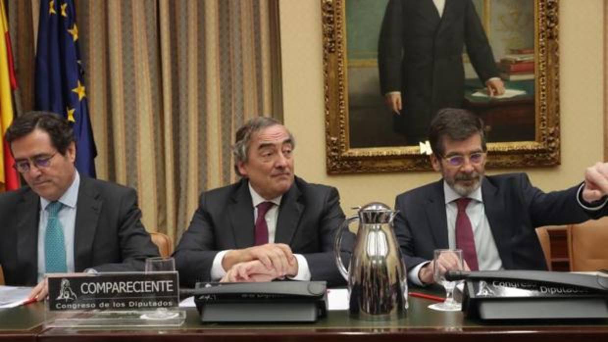 De izquierda a derecha, Antonio Garamendi, Juan Rosell y el diputado José Enrique Serrano, en el Congreso este miércoles