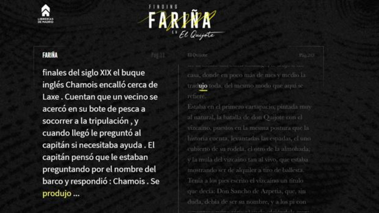 Captura de la web que reproduce extractos de «Fariña» a partir del texto del «Quijote»