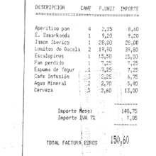 Factura del restaurante madrileño donde se comieron lomitos de gacela