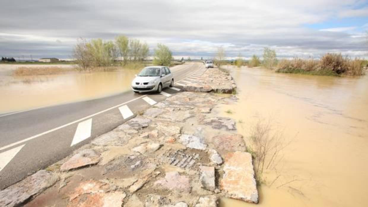 Una carretera atrapada por as aguas desbordadas del Ebro cerca de Boquiñeni (Zaragoza)