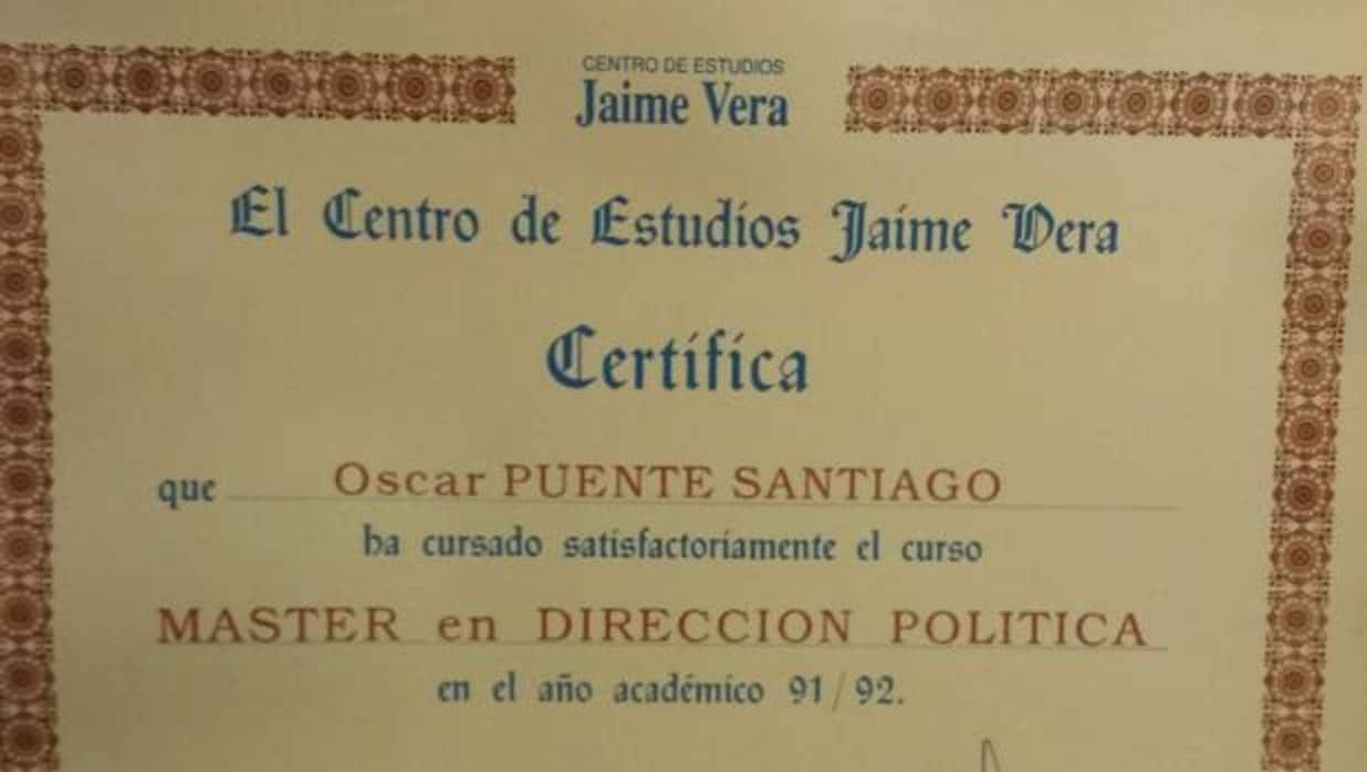 Imagen del título obtenido por Óscar Puente en 1992
