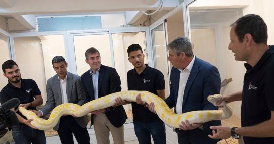 Clavijo en un centro de fauna exótica, ayuda a sostener a una serpiente