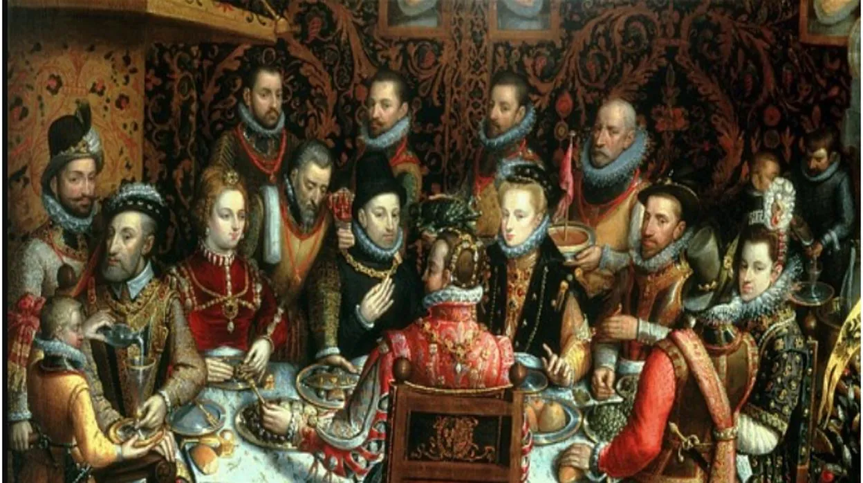 El rey Felipe II, a la izquierda, con sus cortesanos pintados por Sánchez Coello (1596)