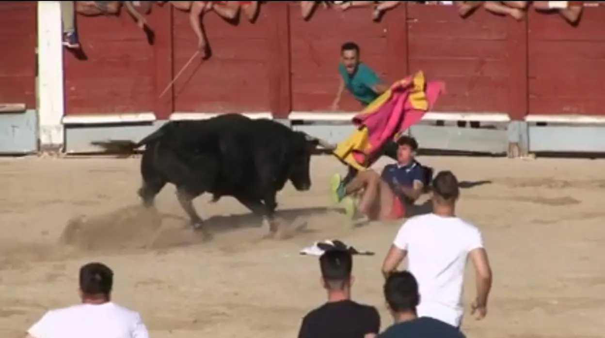 Momento en el que Sergio evita que el toro embista al recortador