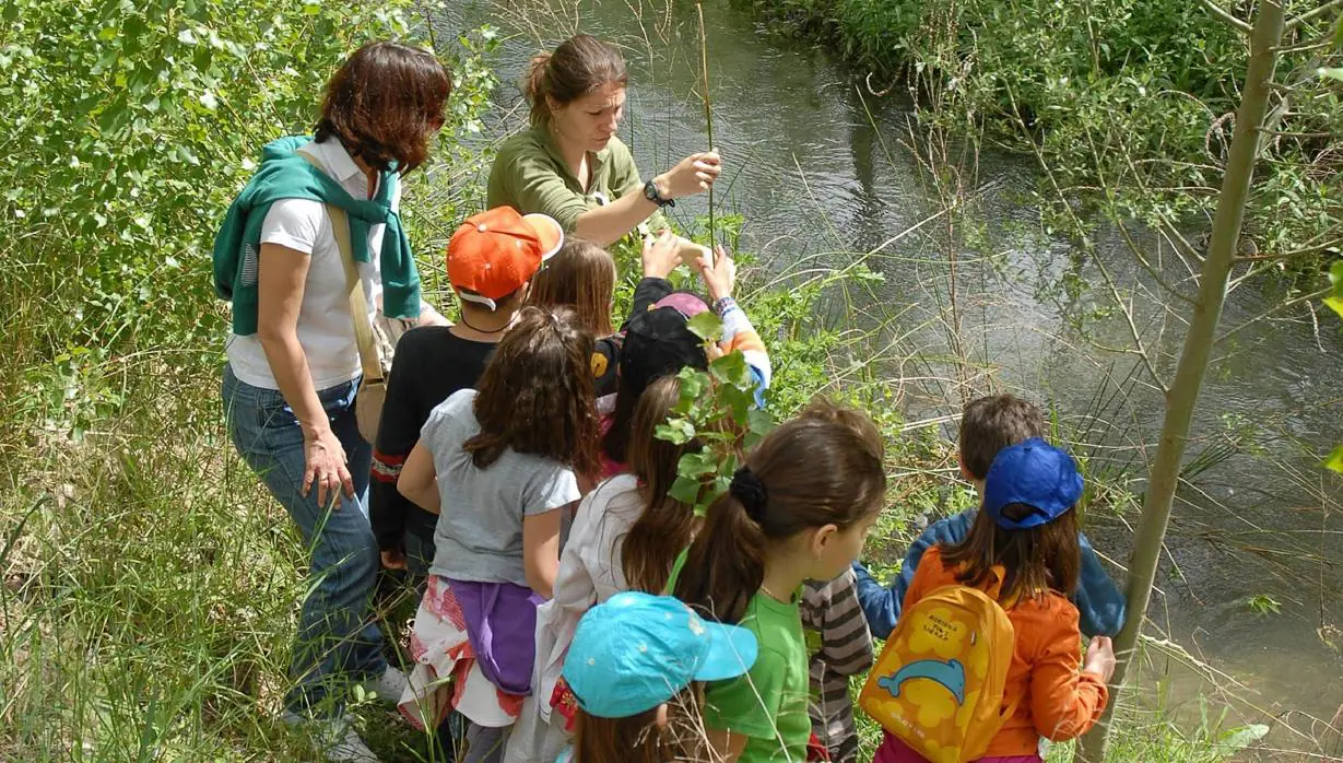 Foto de archivo de niños en una excursión para una campaña sobre la educación ambiental