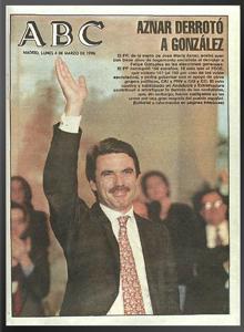 El viaje al centro de José María Aznar se culminó en 1996, cuando se impuso en las elecciones generales a un Felipe González 14 años en Moncloa, tal y como recoge la portada de ABC. La derecha gobernaba España por primera vez desde la Transición.