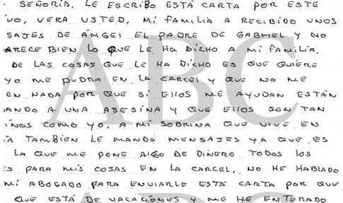 Carta escrita de puño y letra por Ana Julia, la asesina confensa de Gabriel Cruz