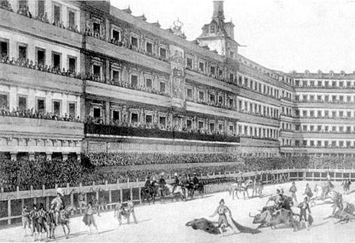 Grabado de 1823 de una tarde de toros en la Plaza Mayor