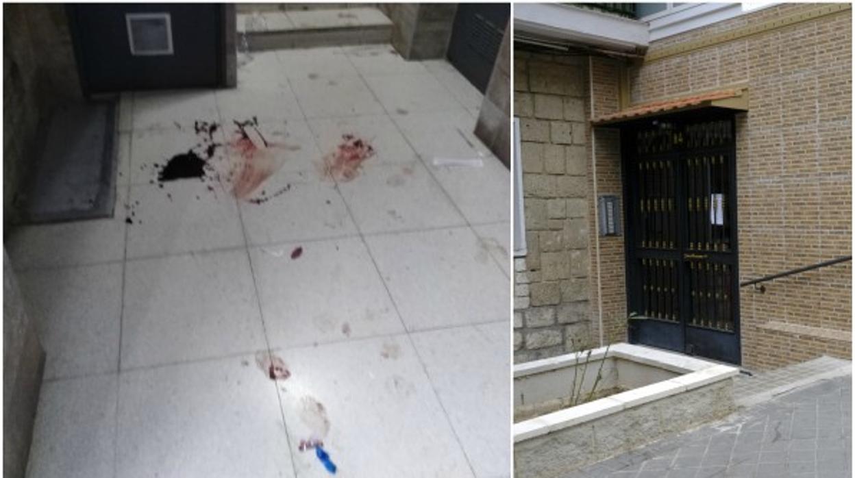 Reguero de sangre del muerto en el portal y edificio en donde ocurrió el suceso