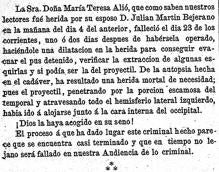 Noticia de “El Nuevo Ateneo” dando cuenta de la muerte de María Teresa Alliot días después de ser tiroteada por su marido