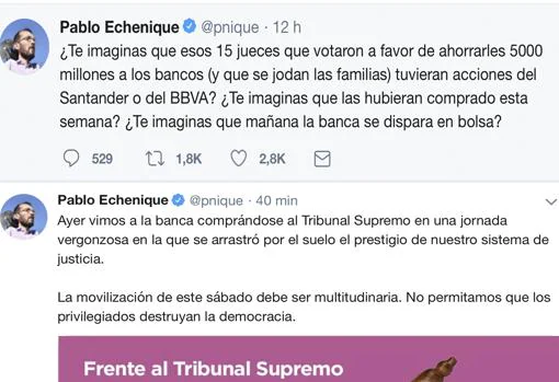 Mensajes de Pablo Echenique en su cuenta de Twitter cargando contra los bancos y los jueces del Supremo por el impuesto de las hipotecas