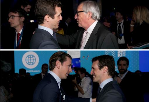 Casado, con Juncker (arriba); Casado, con Kurz (abajo)