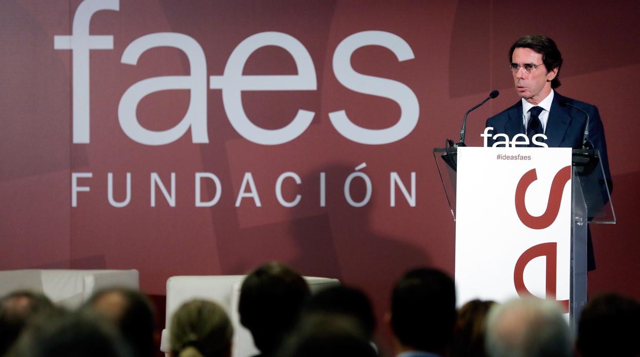 El expresidente del Gobierno José María Aznar durante su intervención en la clausura del tercer foro Ideas FAES