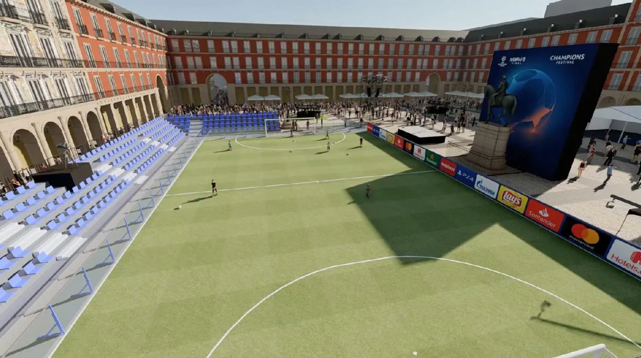Recreación del campo de fútbol que se situará en la Plaza Mayor