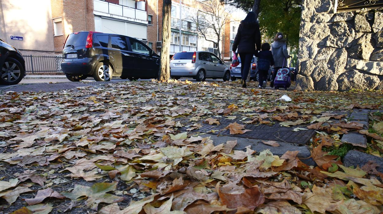 Una calle del centro de Madrid, llena de hojas