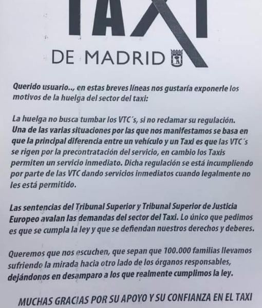 Carta a los usuarios de los taxistas de Madrid