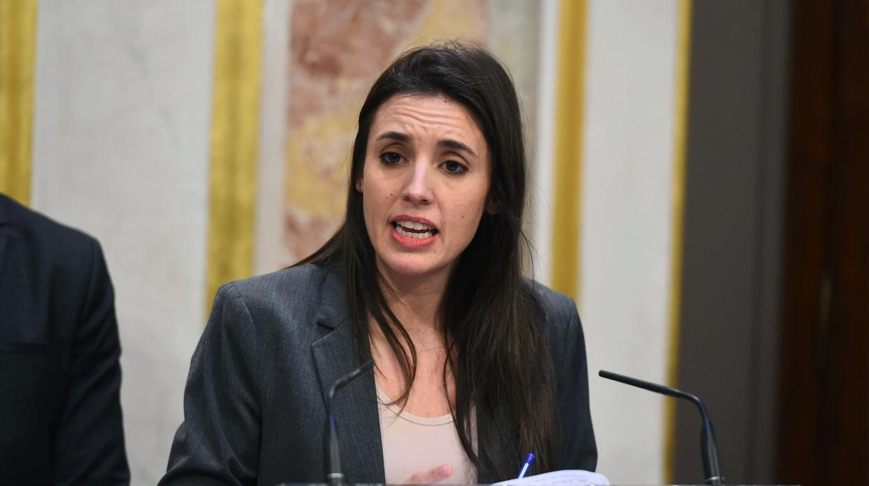 La portavoz de Unidos Podemos en el Congreso, Irene Montero, durante la rueda de prensa después del pleno del debate