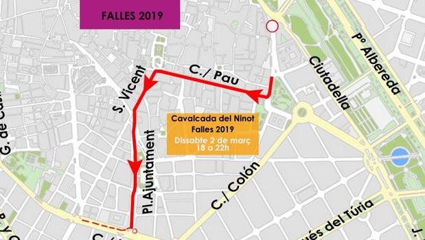 Consulta el itinerario y los cortes de tráfico de la Cabalgata del Ninot de este sábado en Valencia