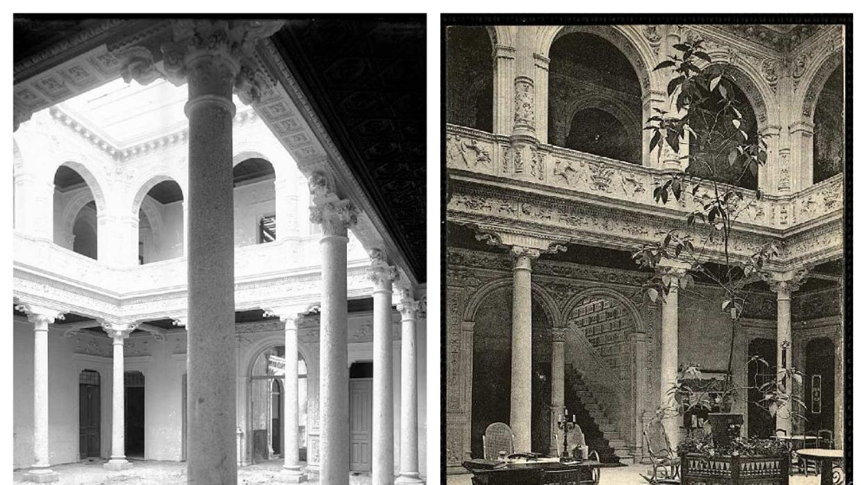 Patio del hotel durante las obras (1891) y años después. Foto de Alguacil y Postal de J. Lacoste (ca. 1908). Archivo Municipal de Toledo