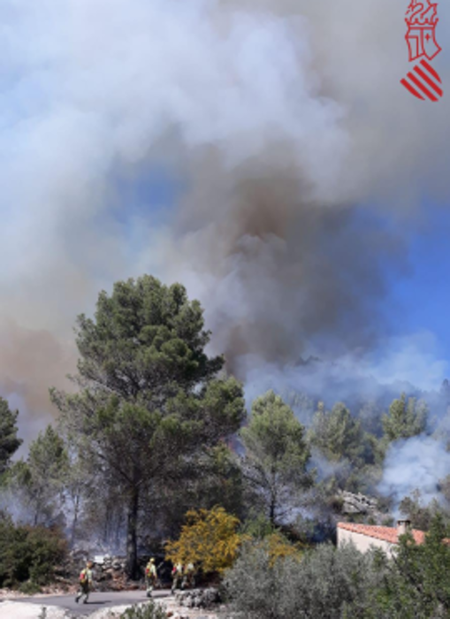 Efectivos de bomberos en las inmediaciones de viviendas próximas al fuego