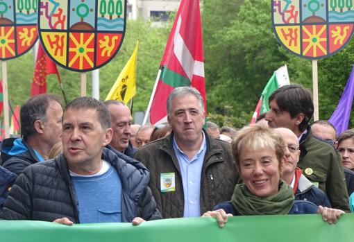 Otegi con el alcalde de Pamplona, Joseba Asirón en la manifestación