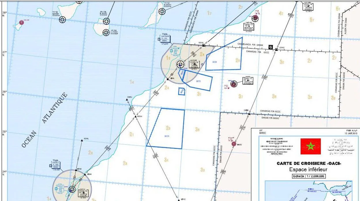 Desde Canarias se controla aproximaciones a los aeropuertos de El Aaiún y Dakhla (en gris y a baja altitud, Rabat)